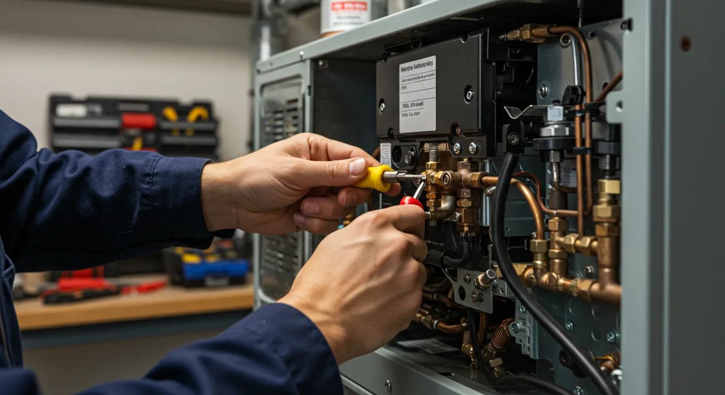 Close-up of a technician's hands in blue gloves using a yellow and black screwdriver to work on a brass valve system inside a furnace.