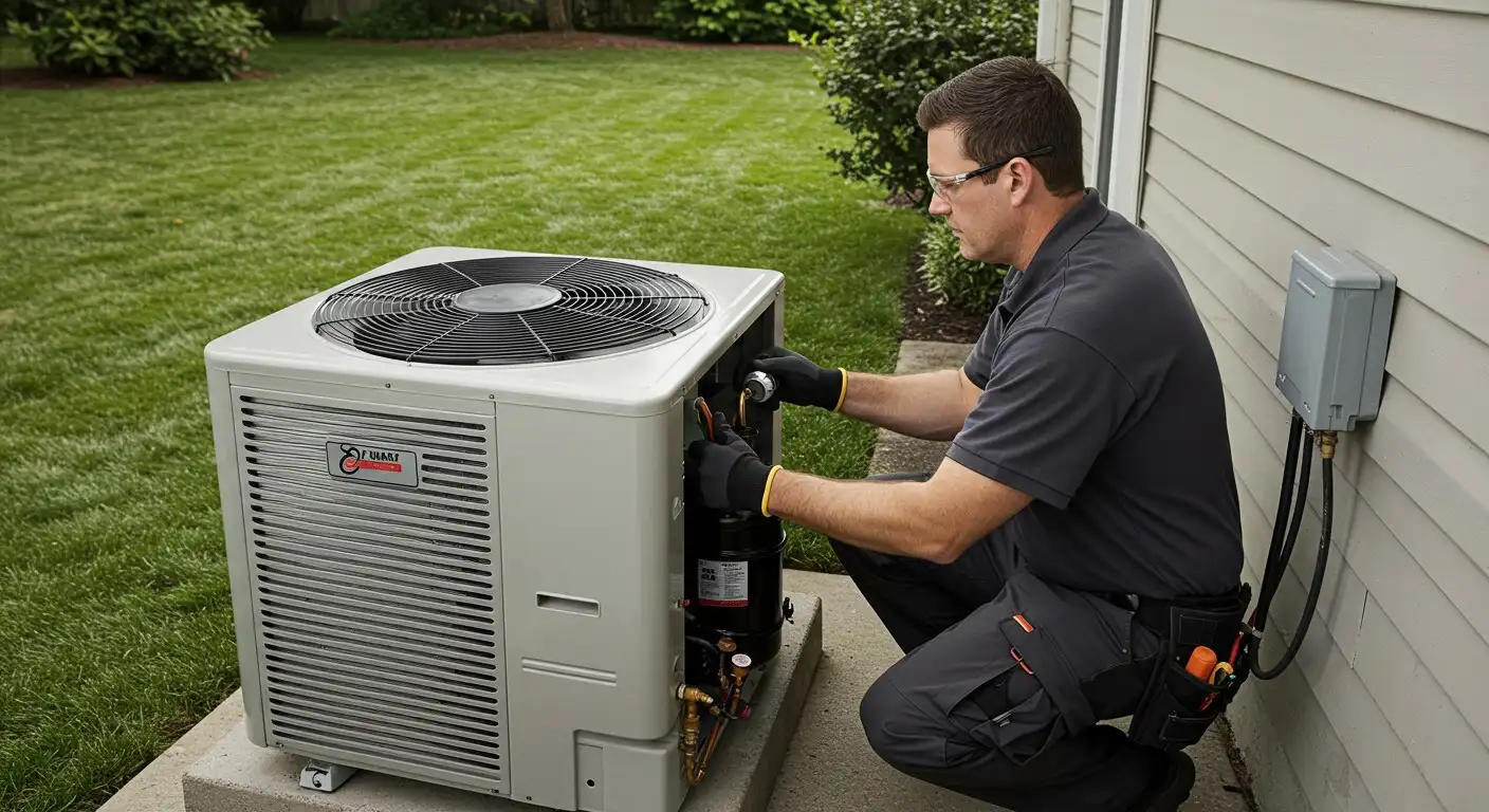 Technician servicing an outdoor Heat Pump unit.