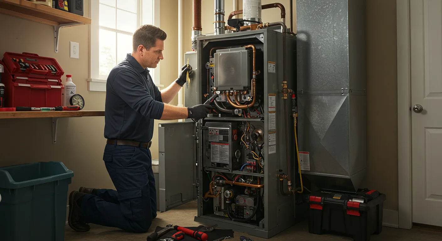 A technician in a blue polo and black gloves kneels in a garage, using a tool to work on the internal components of a large furnace.