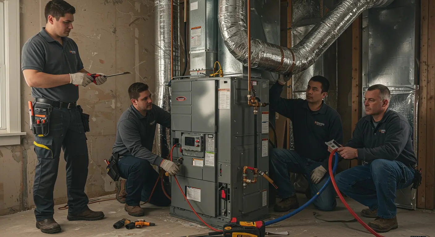 Four HVAC technicians installing new furnace.