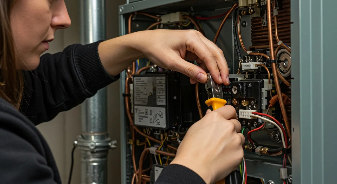 Woman uses tool on furnace wiring.