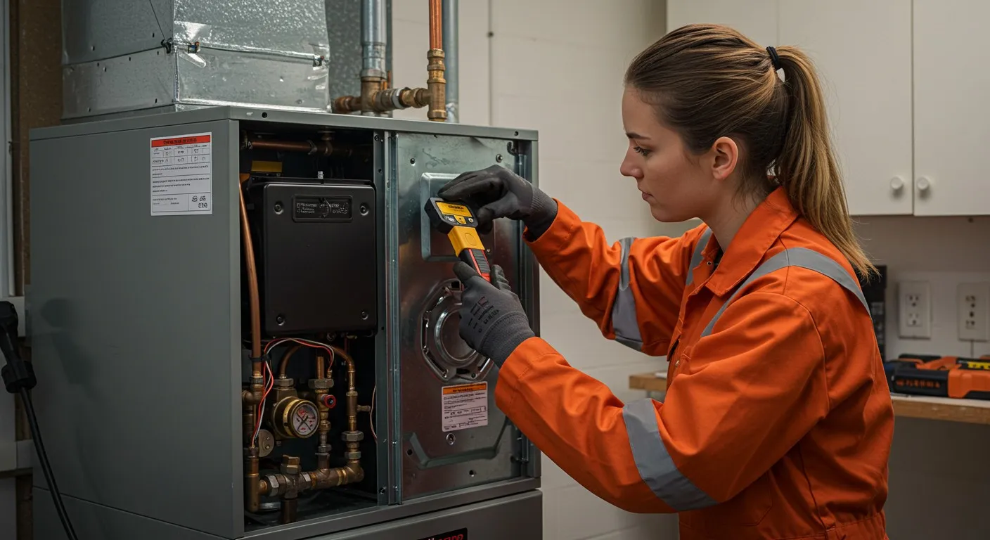 Woman checking furnace with yellow multimeter.