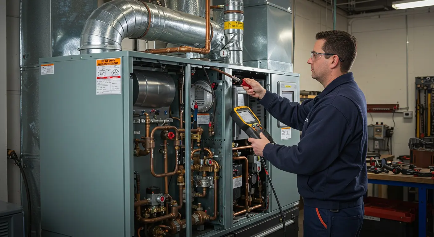 Technician using meter on large HVAC unit.