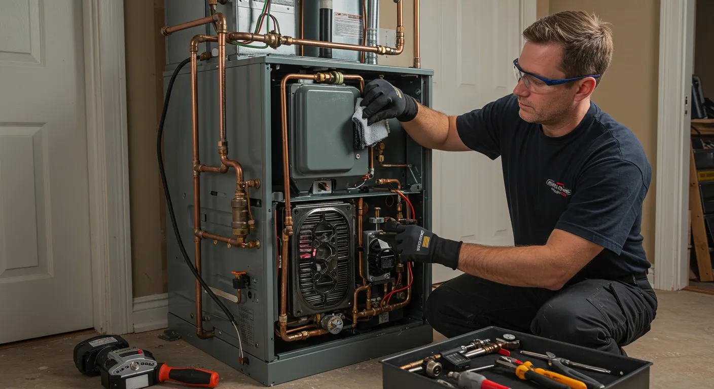 Technician servicing internal parts of furnace.
