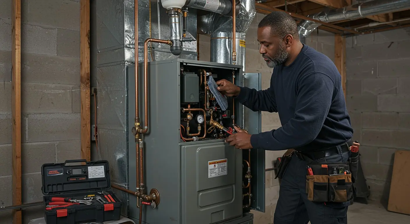 Technician checks wiring inside furnace panel.