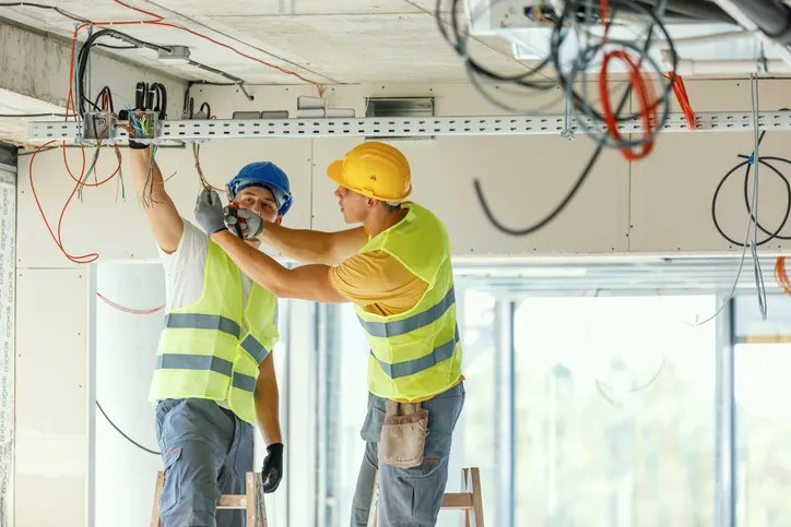 Two electricians in hard hats and safety vests are on ladders, installing electrical wires in a commercial building.