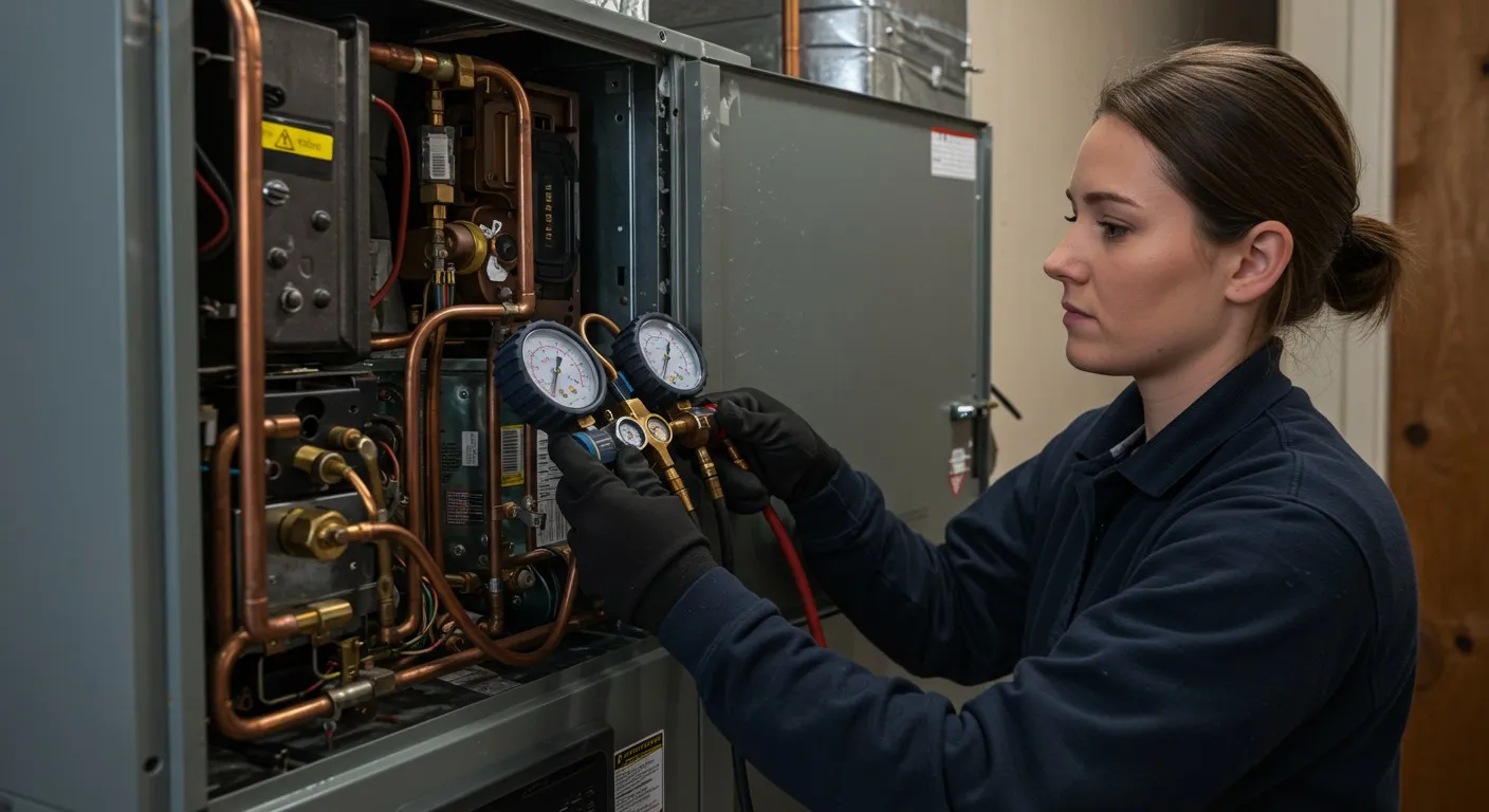 Woman using manifold gauges on furnace.