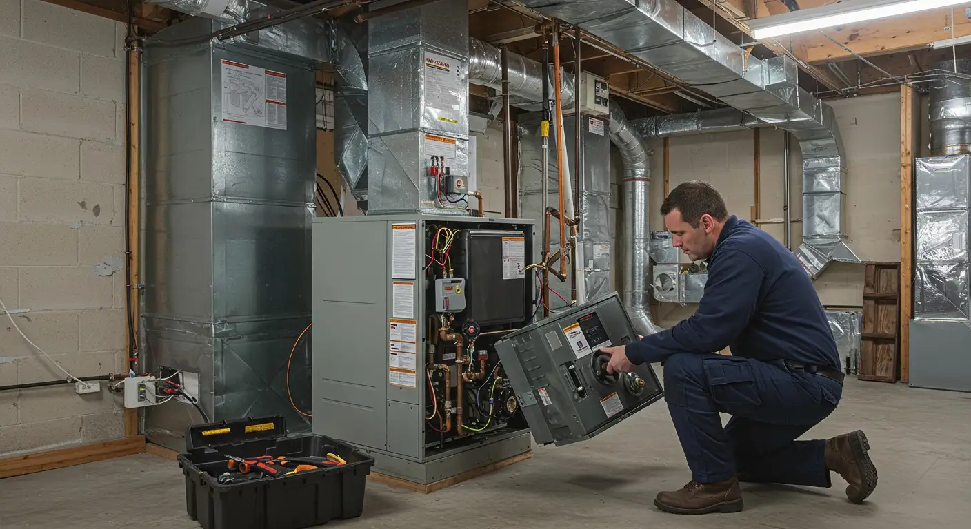 Technician replaces panel on large furnace.