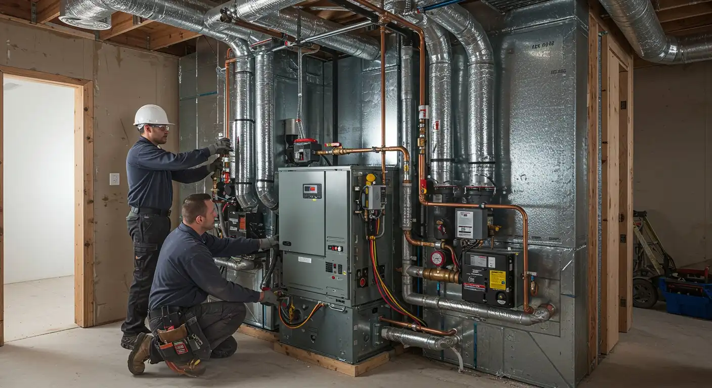 Two technicians installing complex Heating system.