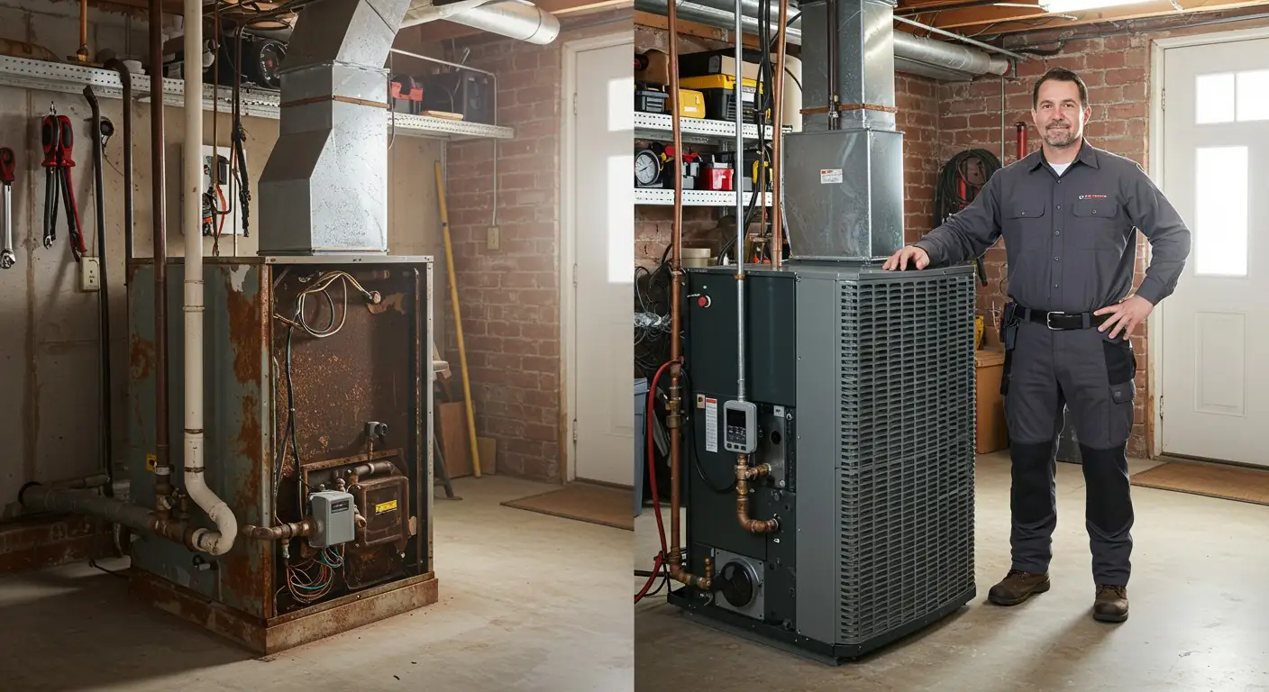 Contractor presents old and new heating unit.