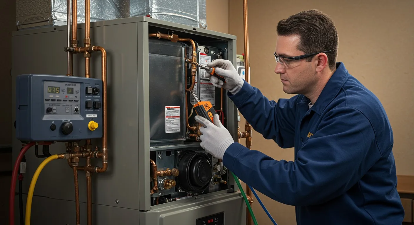 Technician repairs heating unit using screwdriver and meter.