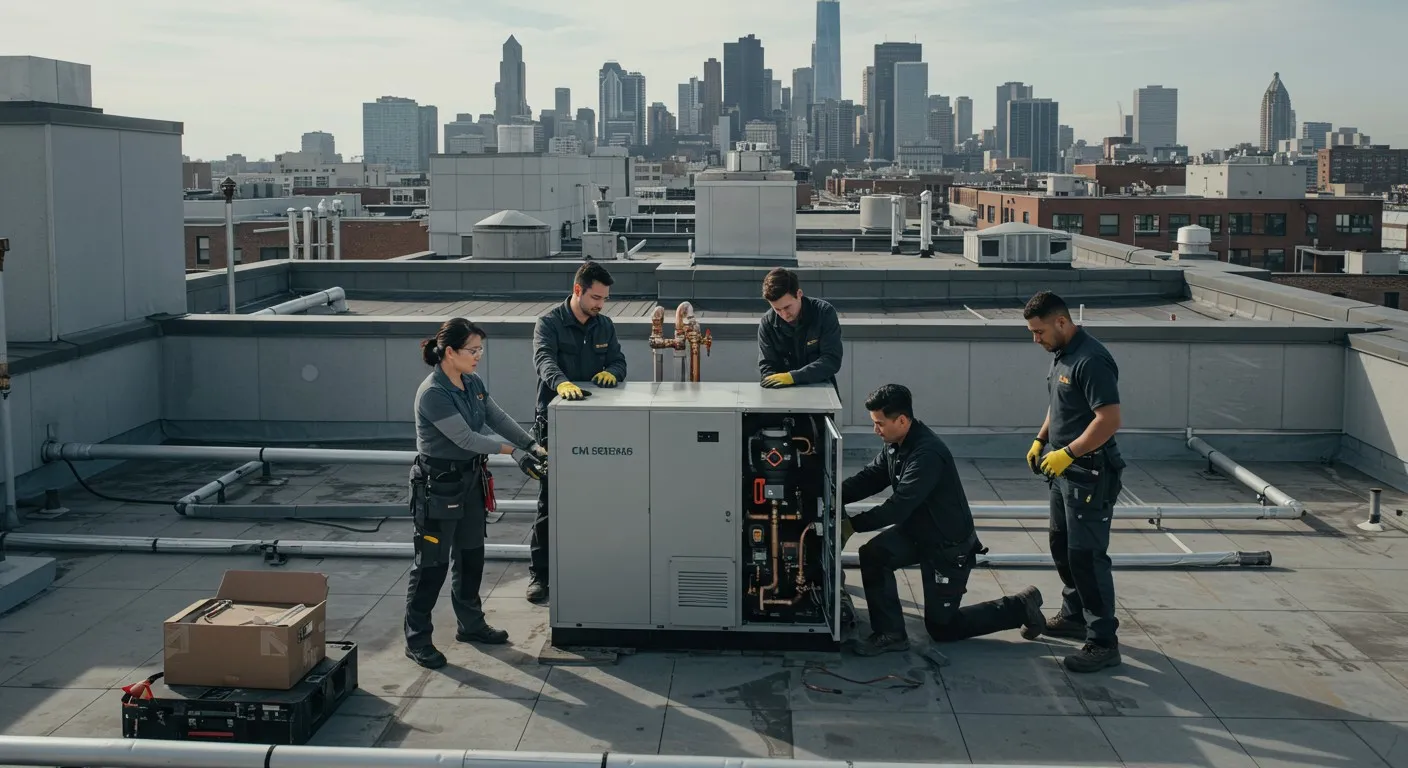 Crew installs rooftop heating unit.
