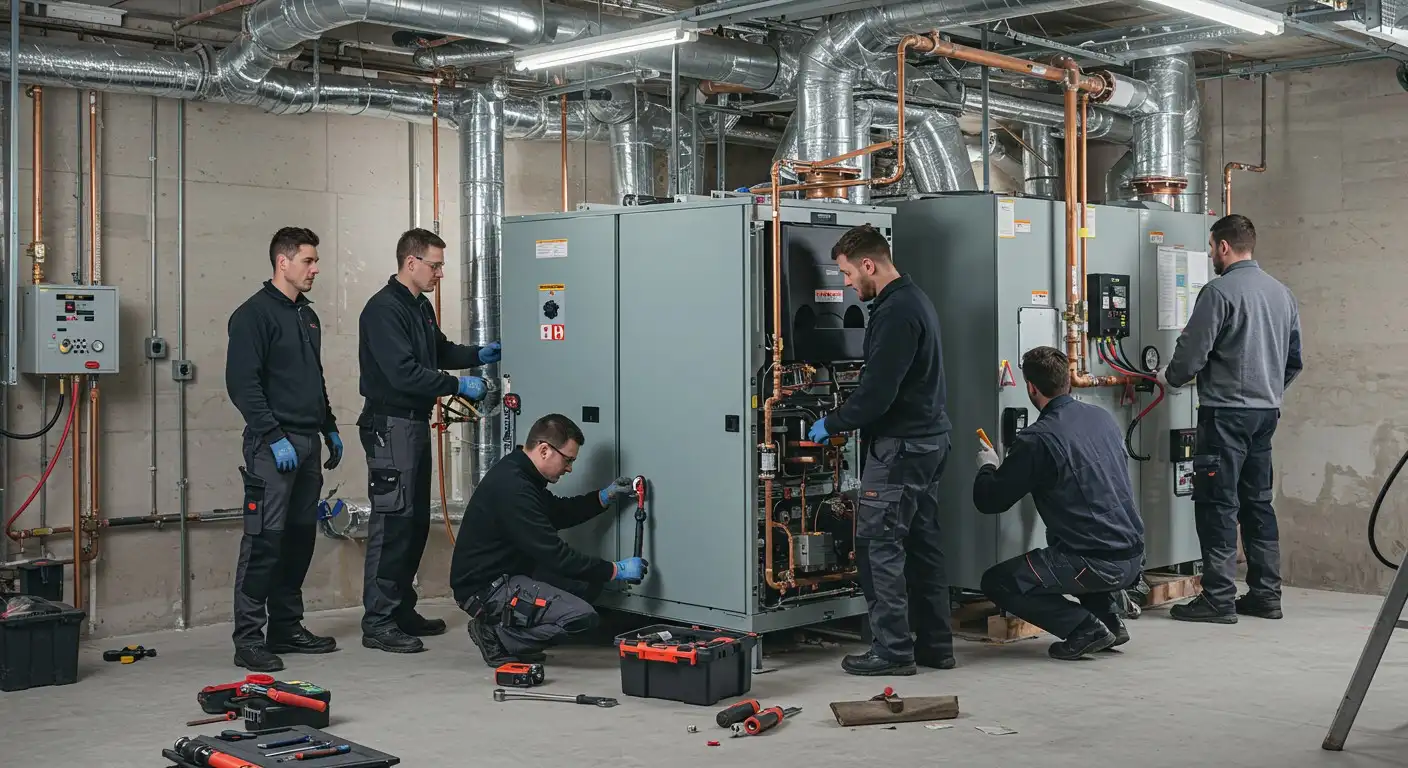 Group of technicians servicing commercial heating unit.
