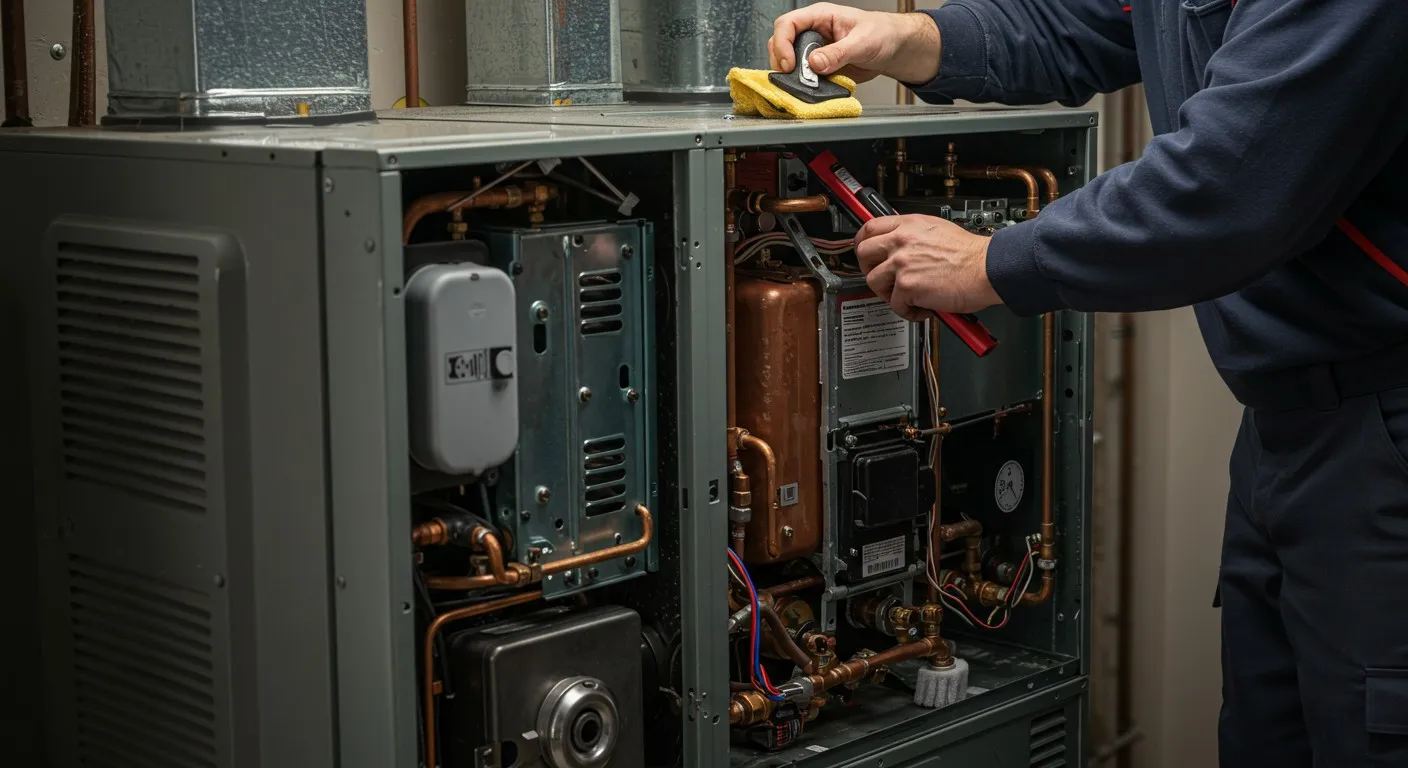 Technician cleaning top of heating unit.