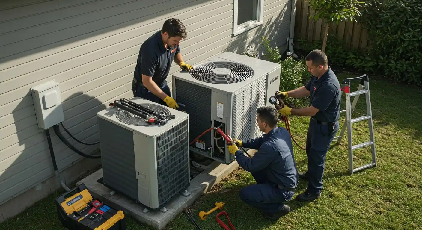 Three technicians service two AC units.