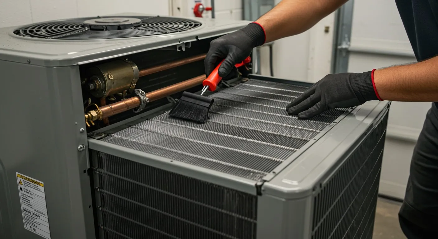 Technician cleaning outdoor AC condenser coil.