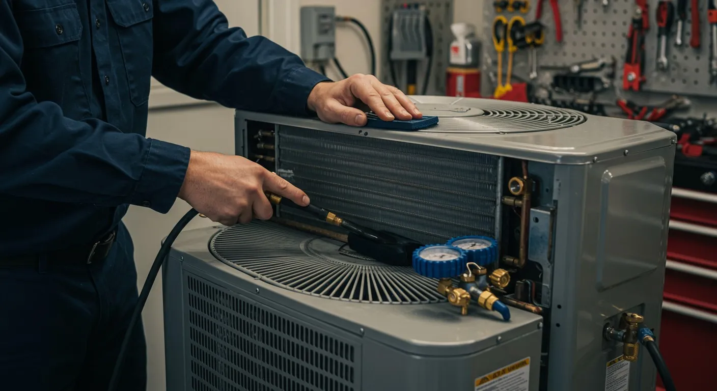 Technician servicing outdoor air conditioning unit.