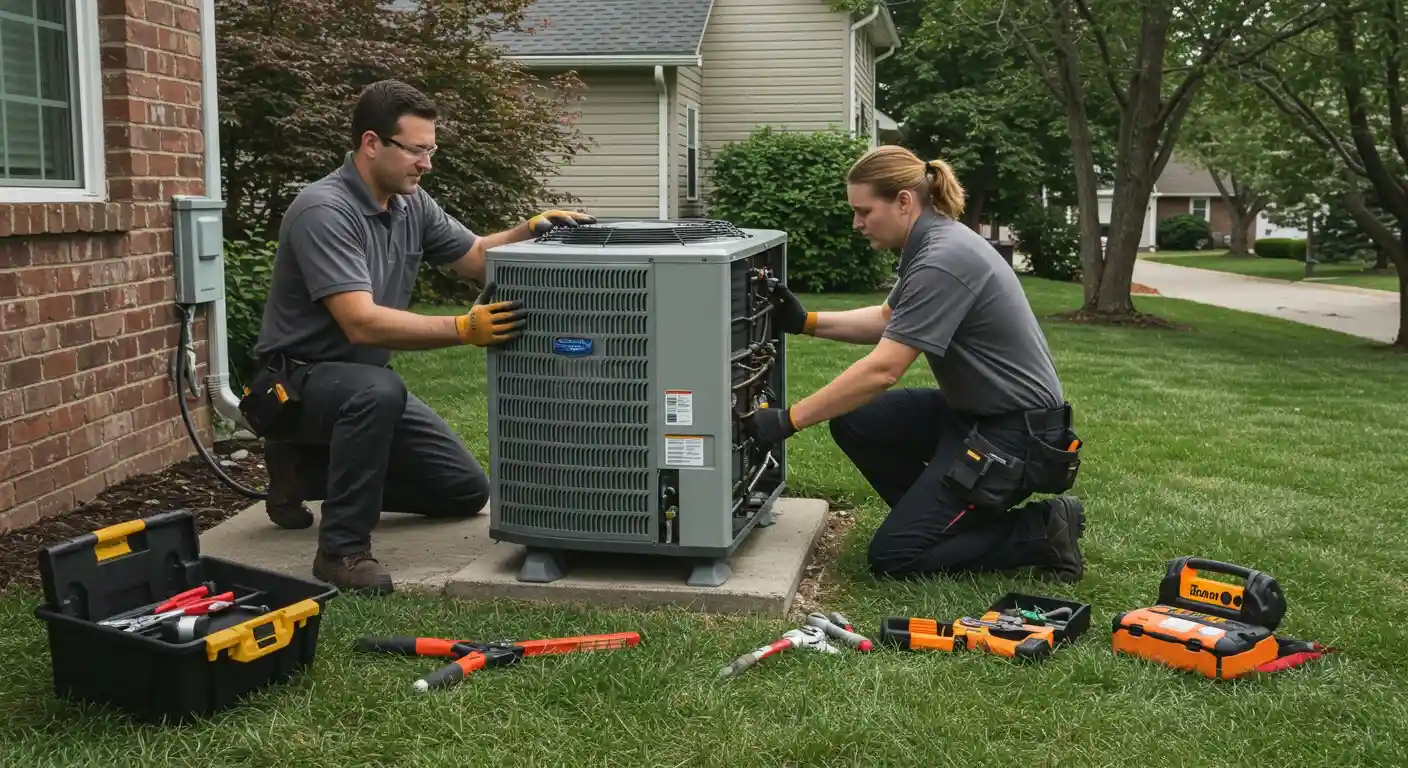 Two technicians replacing an outdoor AC.