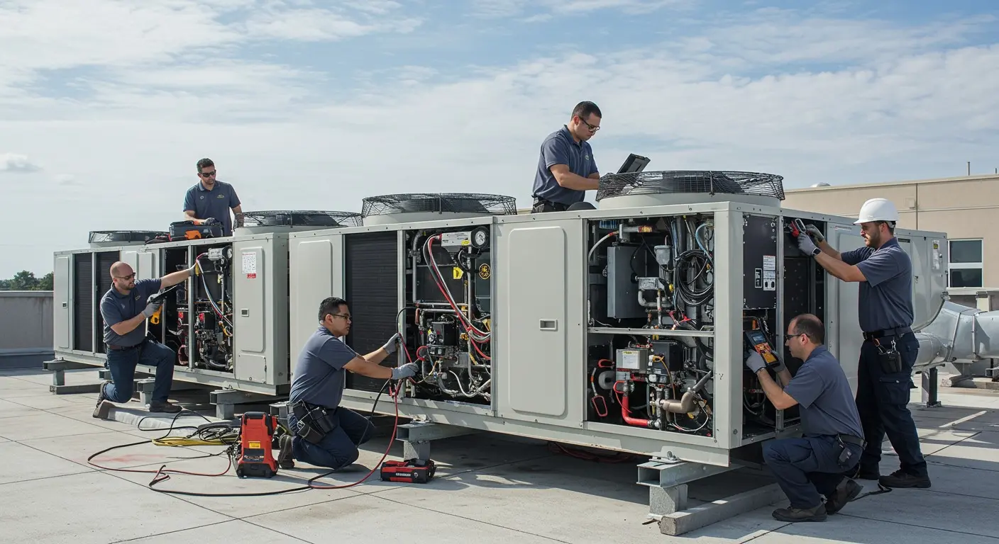 Crew servicing large rooftop HVAC units.