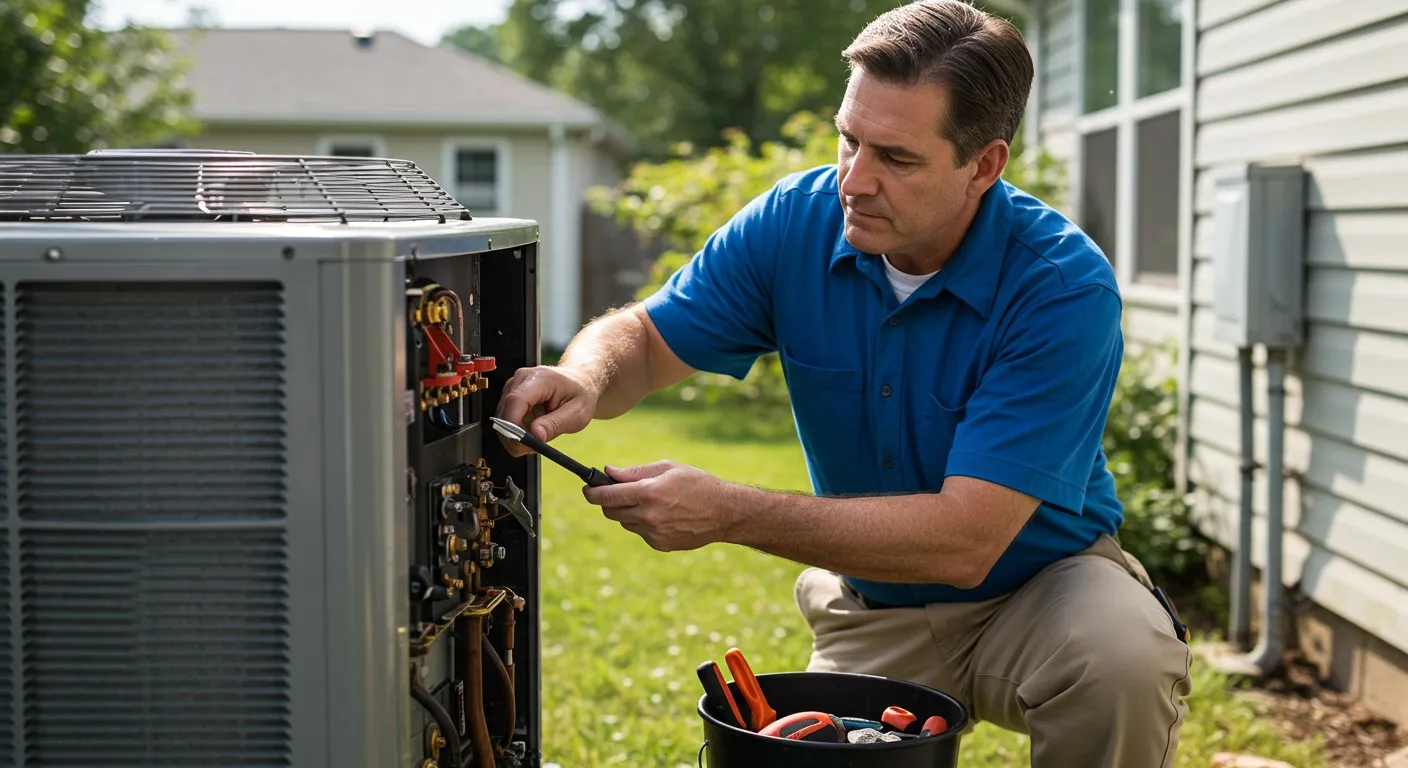 Man tightening nuts on outdoor AC.