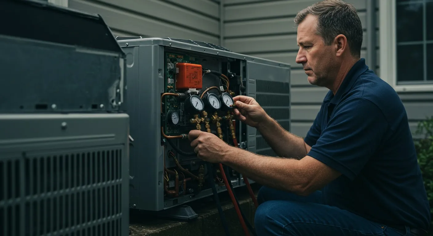Man attaching gauges to outdoor AC.