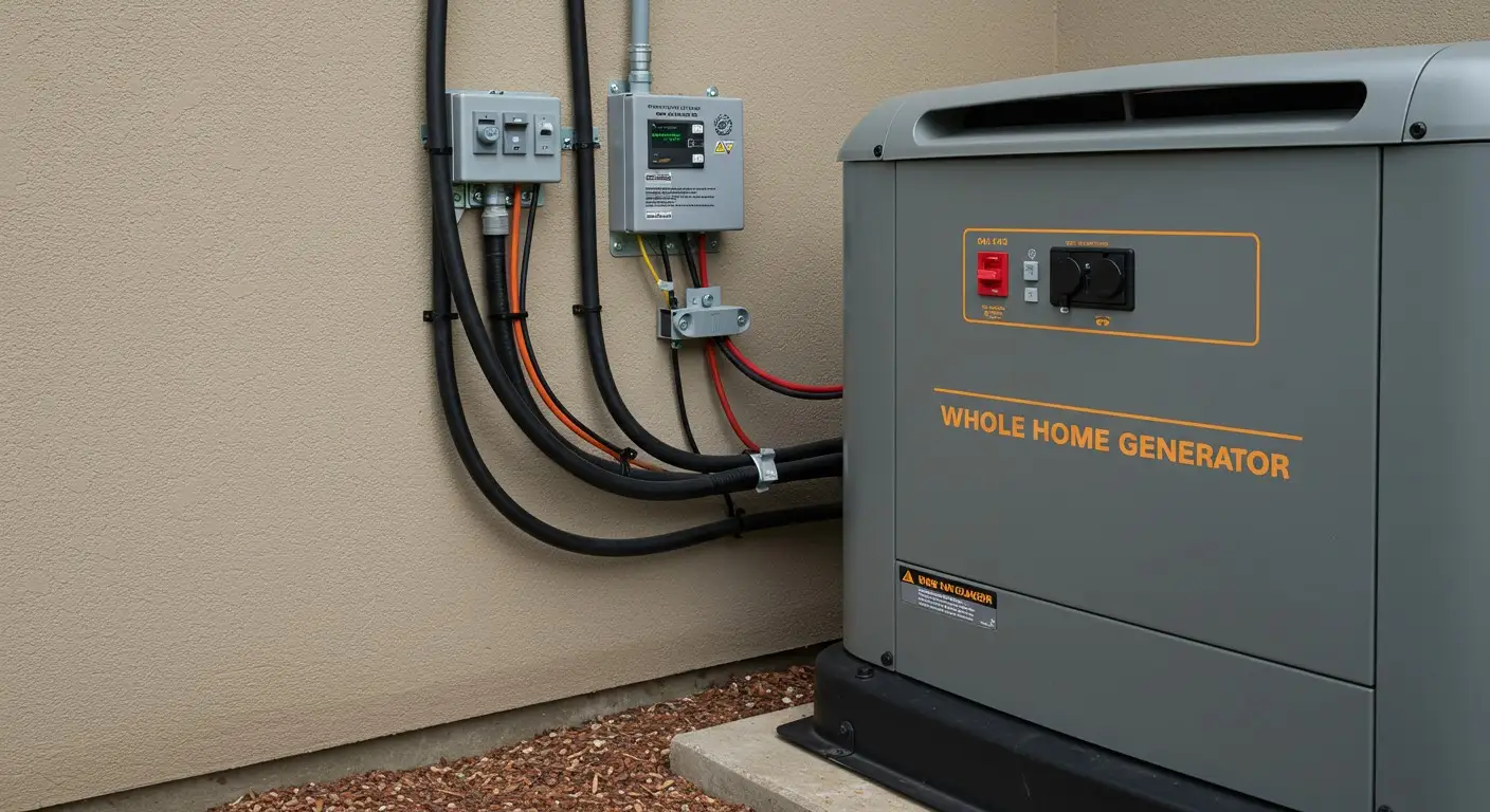 A large, gray whole home generator sits on a gravel bed next to a beige stucco wall, connected by thick electrical conduits.