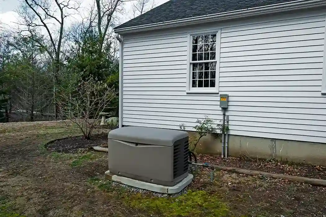 Grey standby power generator installed outside the white siding of a suburban home.