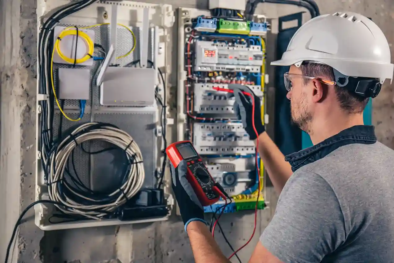 A male technician in a white hard hat and safety glasses holds a red multimeter, taking a reading from a residential circuit breaker box.