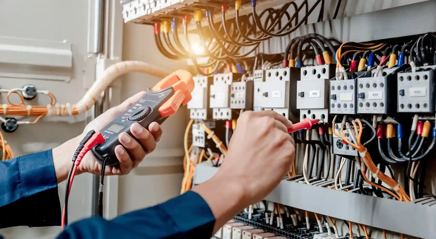 A close-up of a technician's hands using a clamp meter to test electrical wires inside a complex industrial control panel.