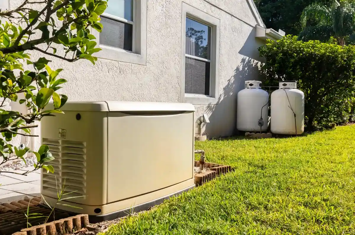 A beige home standby generator sits on a small pad near the corner of a stucco house with two large white propane tanks visible behind it.