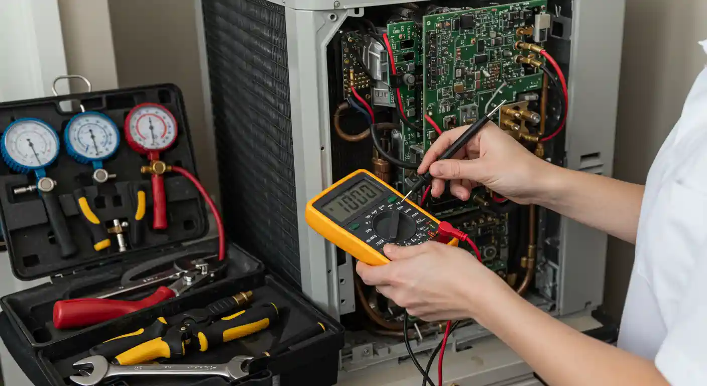 Close-up of a technician's hands, wearing a white shirt, using a yellow digital multimeter to test the circuit board and wiring inside an air conditioning unit. To the left, a toolbox is open, displaying analog manifold gauges (blue and red) and various other HVAC tools like wrenches and pliers.