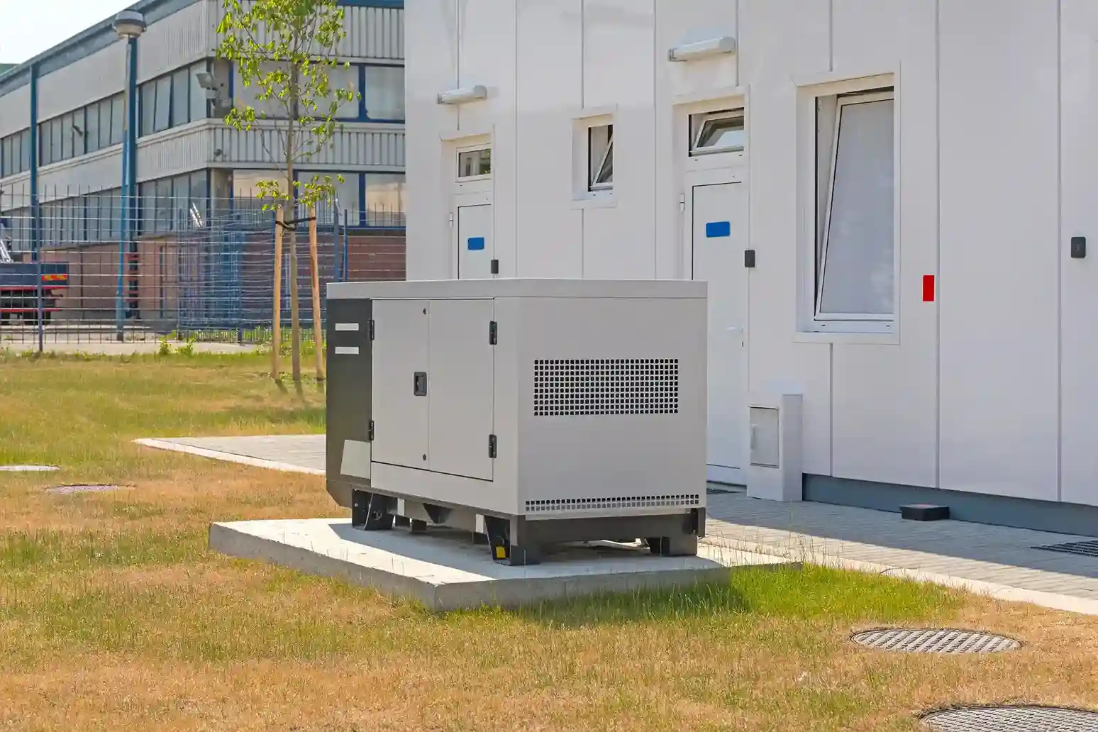 Large industrial or commercial backup generator situated outside a modular building.