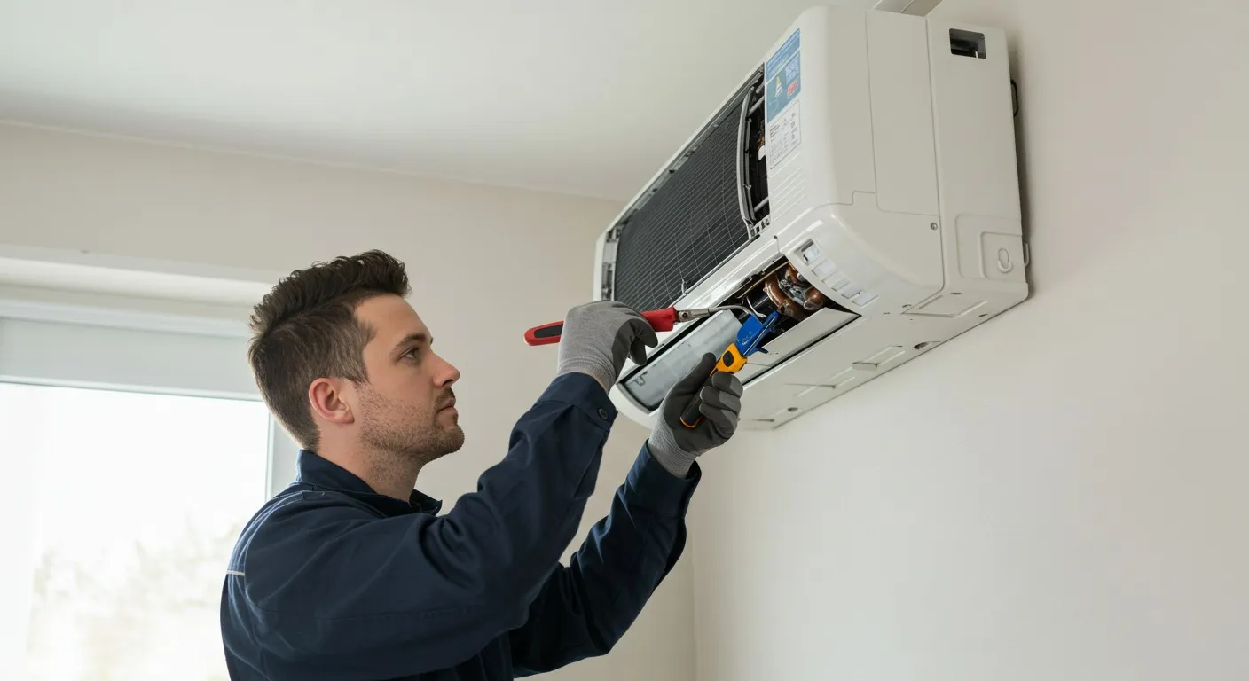 Technician services an indoor mini-split AC.