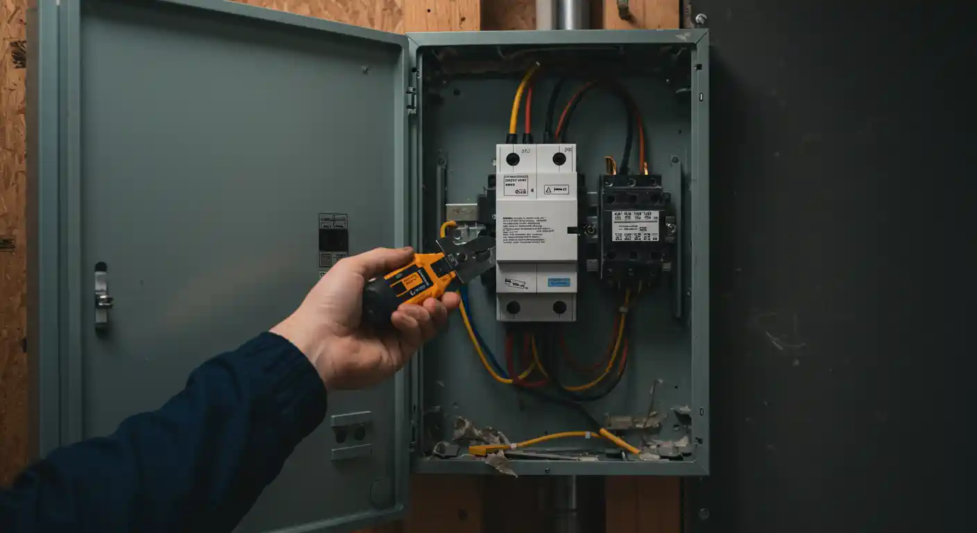 A technician holds a yellow and black clamp meter near the open door of an electrical control panel mounted on a wooden wall. Inside the panel, a white circuit breaker and a black contactor are visible, with power cables connected.