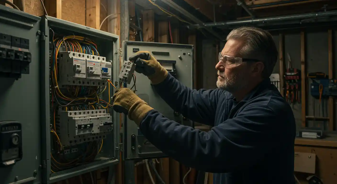 A male electrician, wearing safety glasses and work gloves, installs a new circuit protection module into a densely wired gray electrical panel. The panel is mounted on a wooden wall, with numerous wires and breakers visible inside.