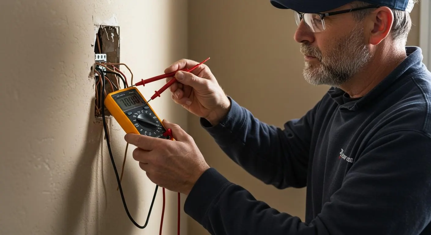 A male electrician wearing glasses and a dark polo shirt uses a yellow digital multimeter to test exposed wiring in a residential wall cutout. He holds the red probe to a wire to check the voltage or continuity of the circuit during a repair.