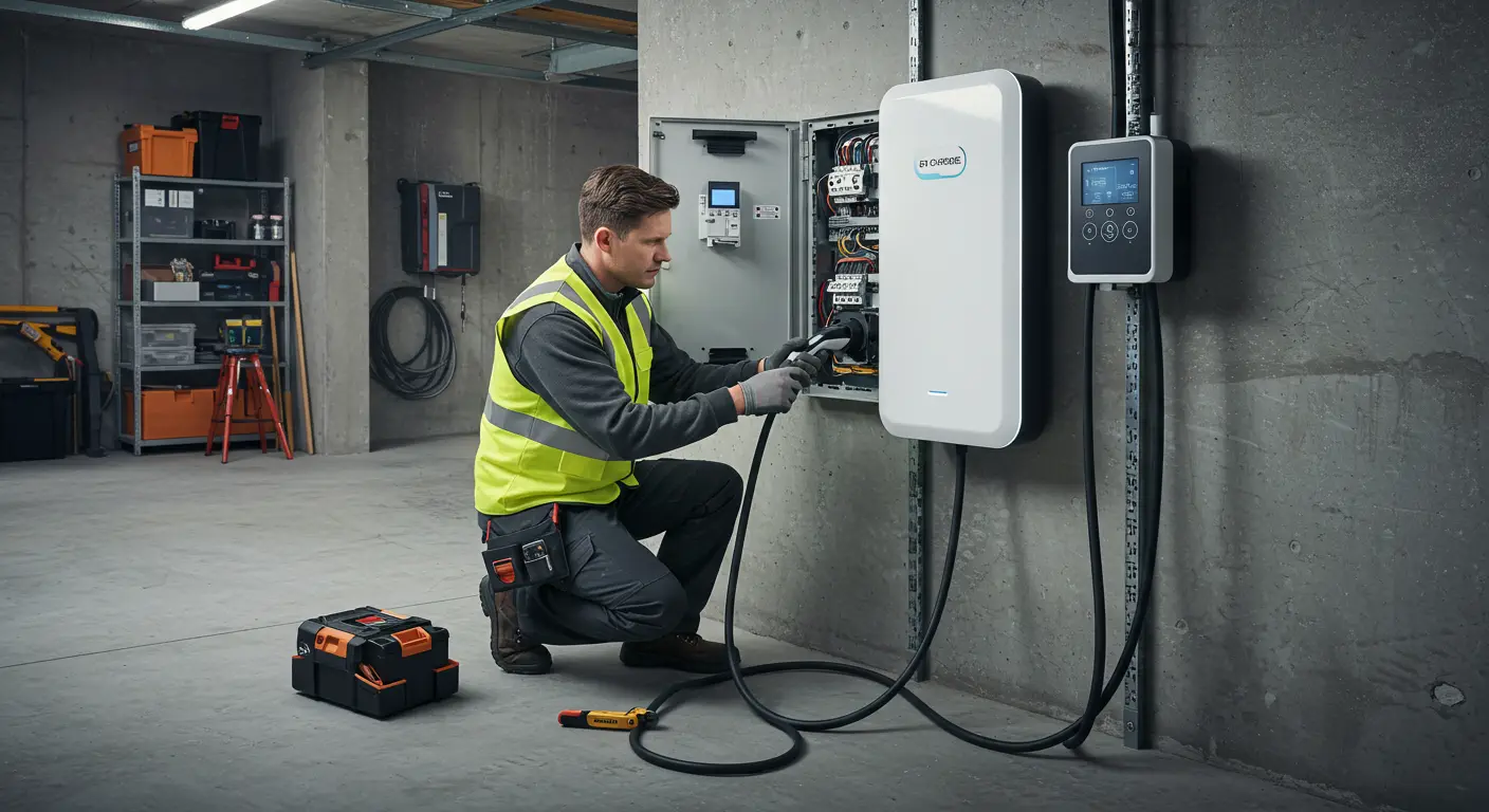  A male technician, wearing a high-visibility yellow vest and work gloves, kneels on a concrete floor in a garage or industrial space. He is working on a wall-mounted white EV charging station labeled "EV-CHARGE" on a gray concrete wall. The charger's access panel is open, revealing wiring and components. A second digital screen is mounted next to the main charger unit. The technician holds a black charging cable and connector, appearing to be connecting it or testing the unit. A toolbox and shelving with equipment are visible in the background.