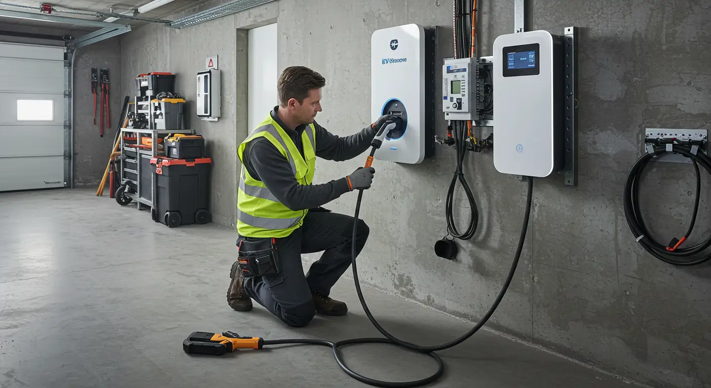 A male technician wearing a high-visibility yellow vest and work gloves kneels on a concrete floor in a garage. He is servicing a pair of white, wall-mounted EV charging stations against a gray concrete wall. The technician is holding a black charging cable with an orange stripe and connector, appearing to plug it into the left unit, which is labeled "EV one stop". Shelving with tools is visible in the background on the left, and a coiled cable is mounted on the wall to the right.