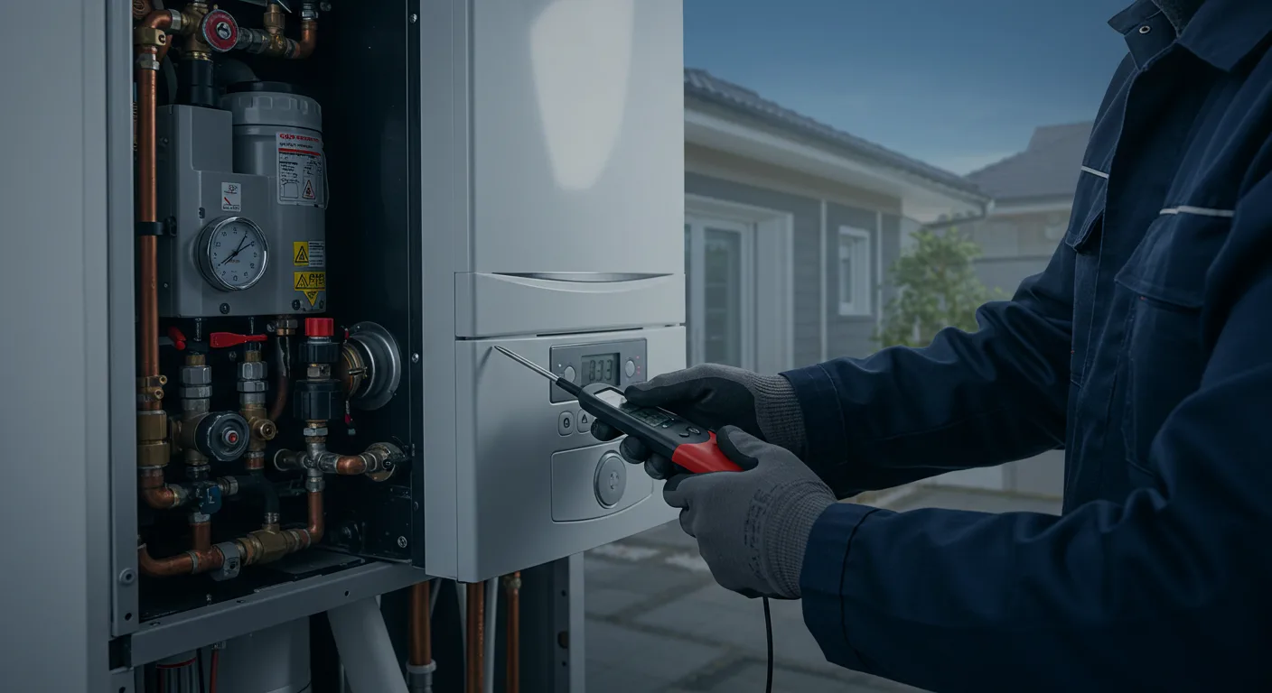 A close-up image shows a technician, wearing a dark blue jumpsuit and grey work gloves, operating a handheld digital diagnostic tool with a probe near a white wall-mounted boiler unit. The tool displays a reading. The boiler's front panel is open, revealing complex internal components, including copper pipes, valves, and a pressure gauge with red and yellow indicators. The service is taking place outdoors, with the grey siding and white trim of a residential house visible in the blurred background under an overcast sky. The image suggests professional HVAC or heater service and diagnostics.