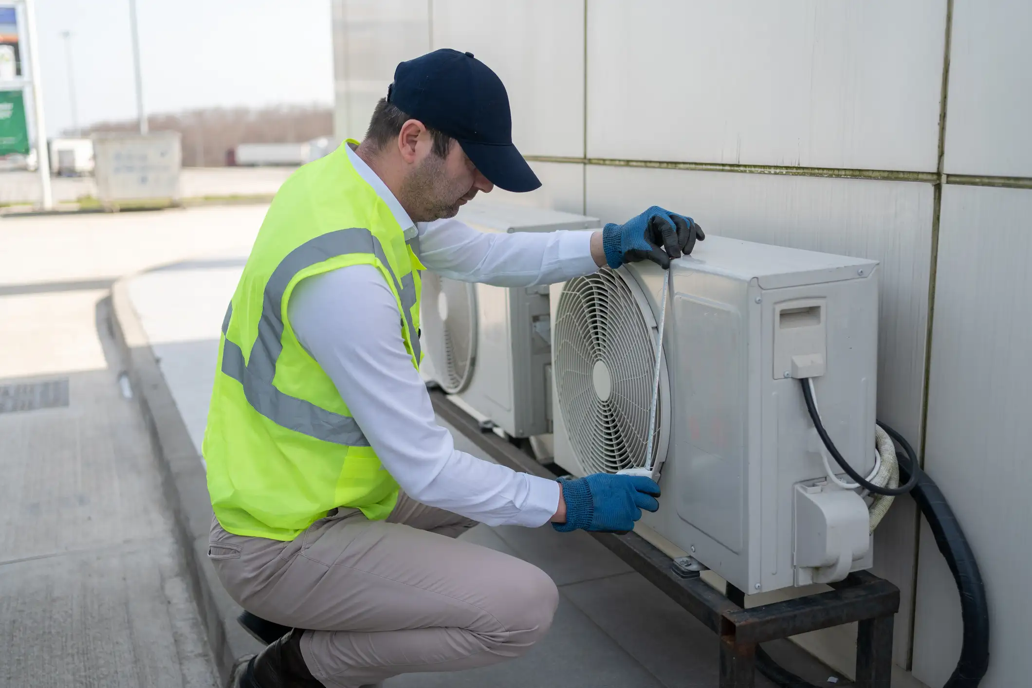  A professional image shows a male technician wearing a white shirt, khaki pants, a high-visibility neon yellow vest, a dark blue baseball cap, and blue work gloves. He is squatting and performing maintenance on a row of white outdoor mini-split air conditioner or heat pump condenser units. He appears to be adjusting or cleaning the grille of the front unit. The units are mounted on a dark metal stand against a light-colored panel wall in an industrial or commercial outdoor setting. The background is a blurred parking lot or open area. The scene depicts commercial HVAC maintenance.