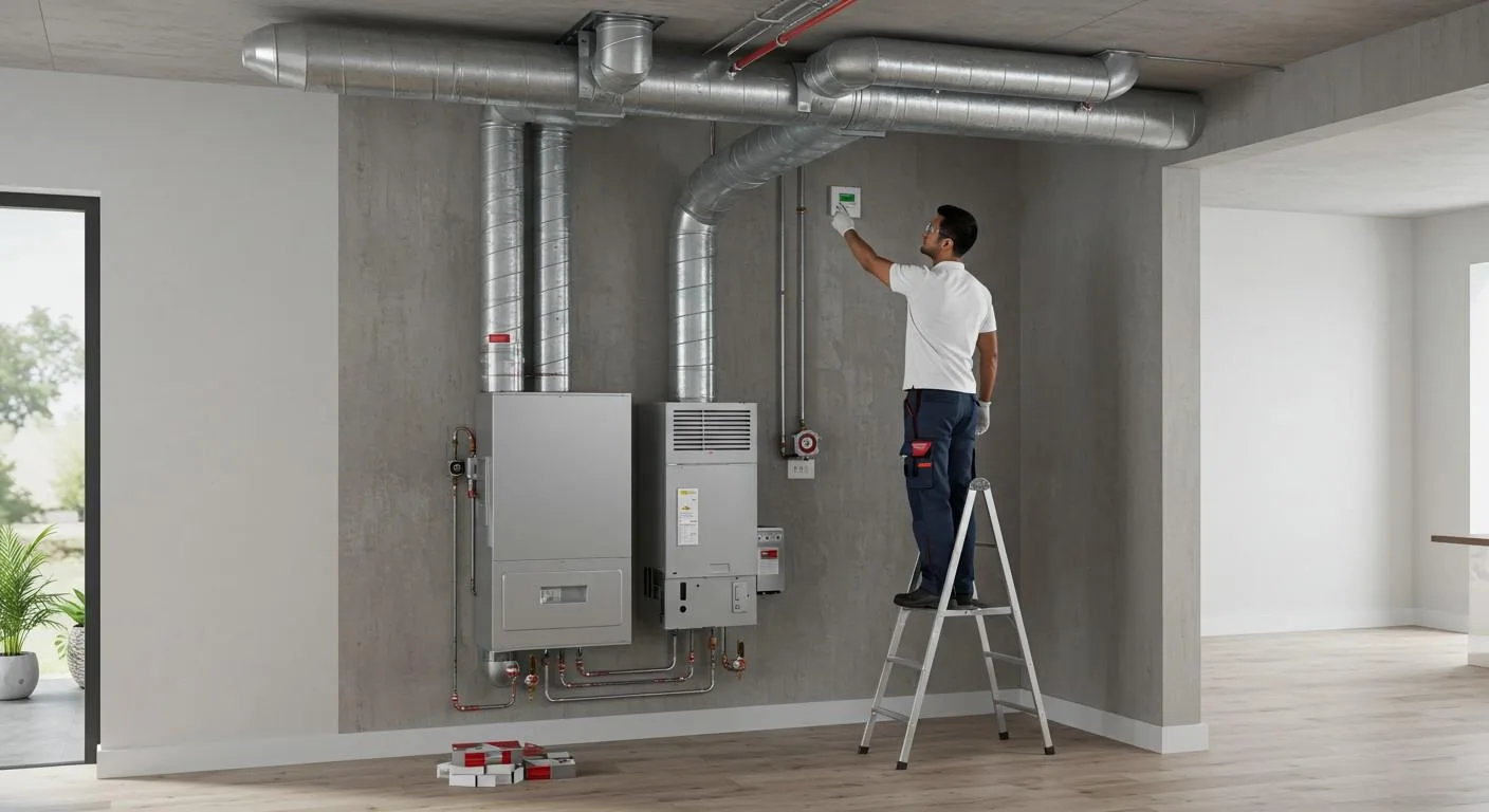 A professional technician in a white shirt and dark work pants stands on a stepladder to adjust a control panel high on a wall. Below him are two gray wall-mounted HVAC units—likely a furnace and an air handler—connected to an overhead system of exposed silver ductwork in a commercial or modern residential space.