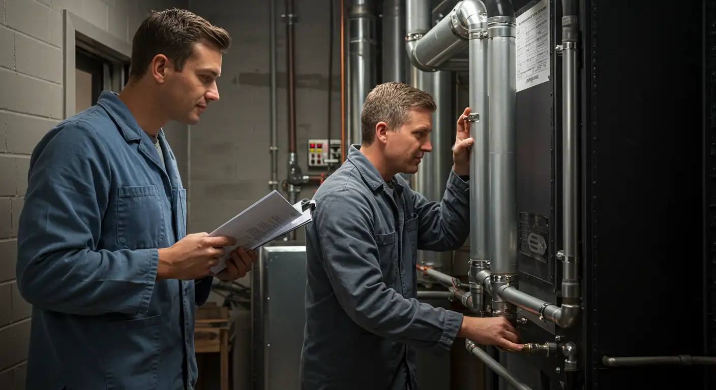 Two male HVAC technicians are inspecting a large commercial HVAC unit or air handler in a utility room. The technician on the right, wearing a dark gray uniform, is checking a connection valve, while the one on the left, wearing a light blue lab coat, holds a clipboard to record information. Ductwork and copper piping are visible behind them.