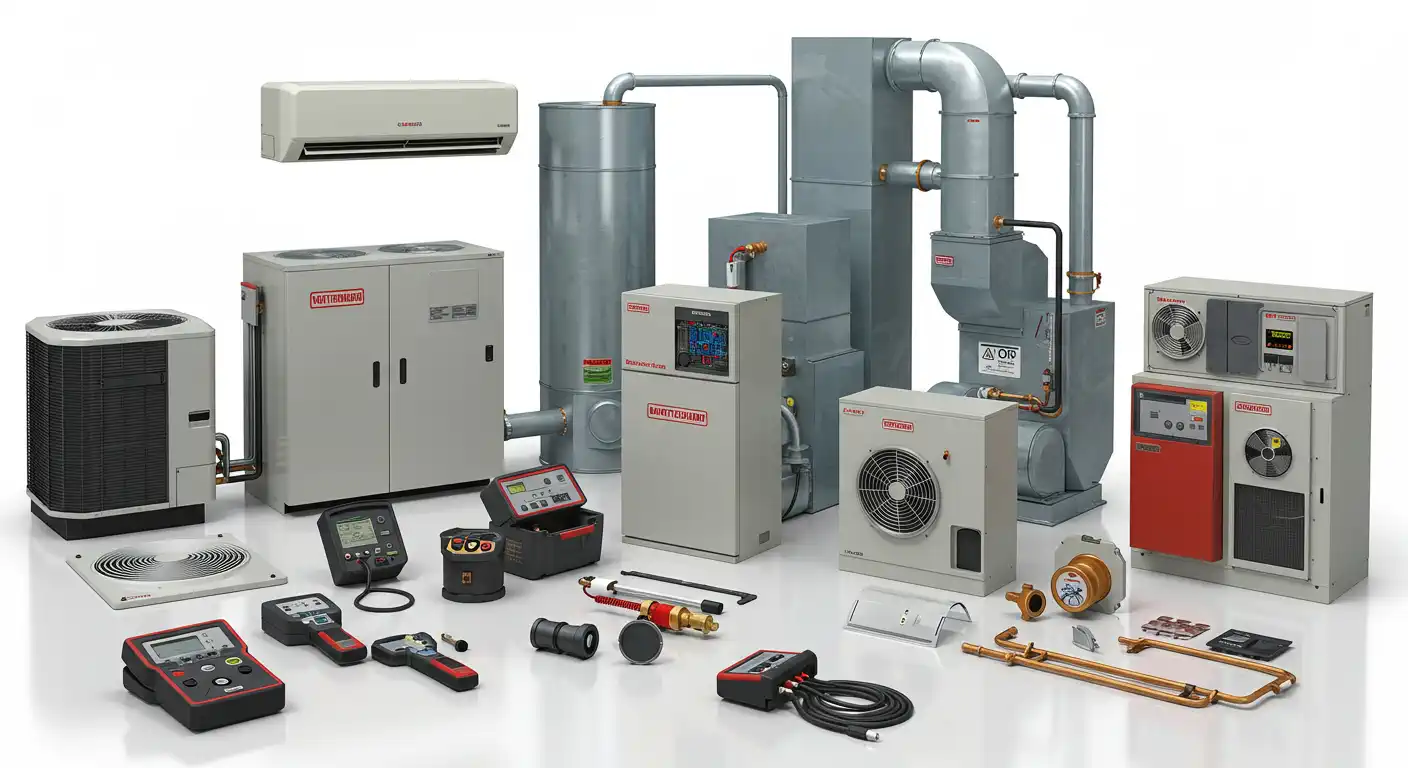 A high-quality studio shot displays a comprehensive collection of HVAC equipment and tools against a white background. The equipment includes an outdoor condenser unit, an indoor air handler, mini-split head unit, tanks, and various other units with red and gray branding. In the foreground, numerous diagnostic tools like digital multimeters, thermal cameras, and pressure gauges are arranged alongside copper tubing and fittings.