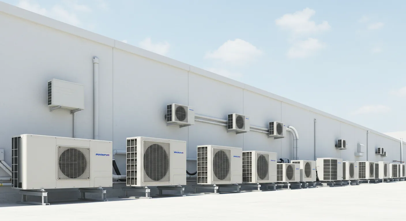  A wide-angle, outdoor shot shows a long row of commercial air conditioning (AC) condenser units lined up along a plain white exterior wall under a bright, cloudy blue sky. The units, which vary slightly in size, are mounted on metal stands on the ground, with some smaller mini-split units mounted higher up on the wall.