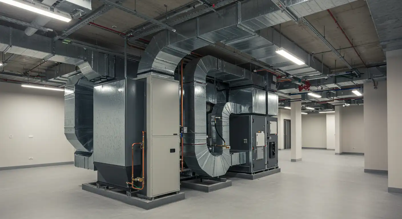 A wide-angle shot of a modern mechanical room features a large commercial HVAC system installation. Multiple gray air handling units are connected by an intricate network of large, silver galvanized steel ductwork suspended from the ceiling. Copper pipes run along the outside of the equipment, installed in a clean, brightly lit room with a concrete floor.