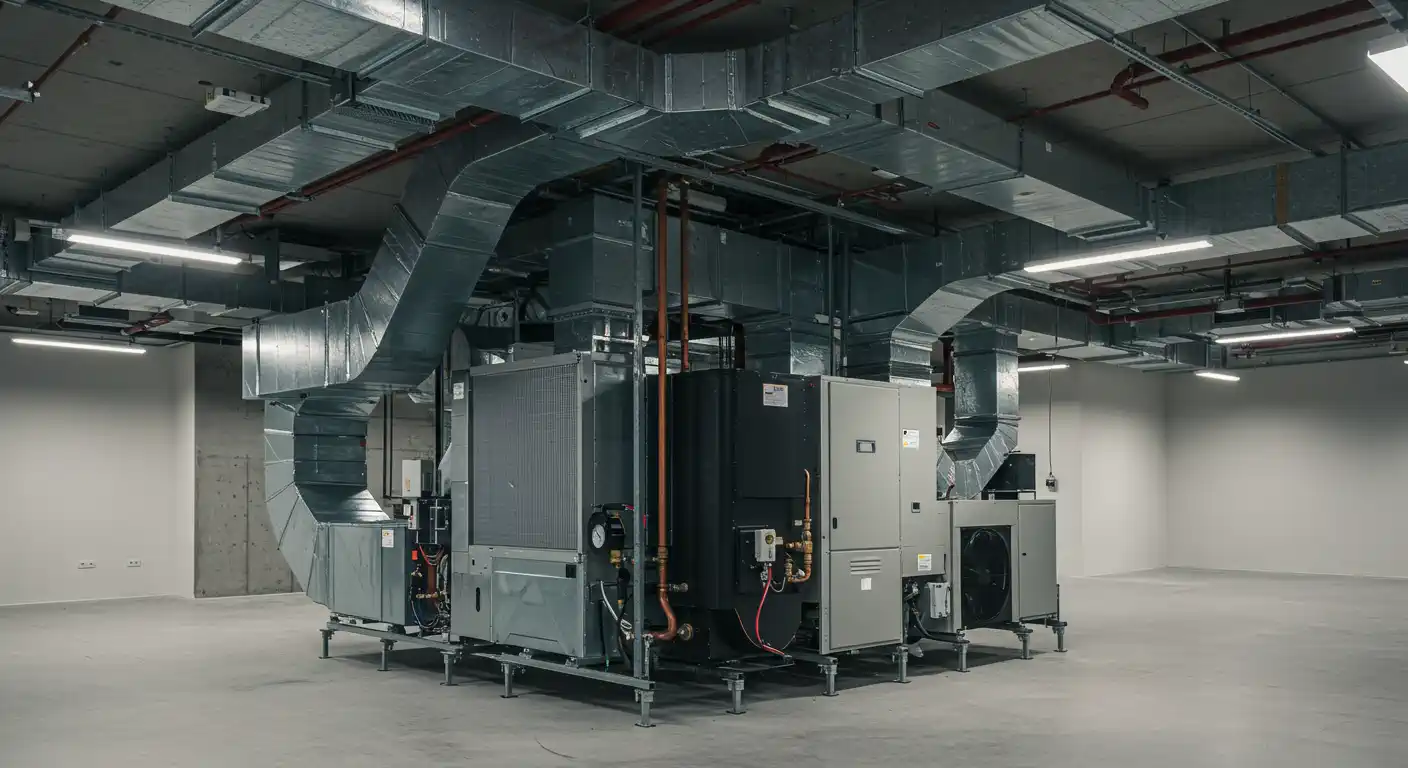 A low-angle, wide-shot of a commercial HVAC (Heating, Ventilation, and Air Conditioning) installation in a large mechanical room. The system comprises multiple industrial-sized air handling units assembled on a raised metal frame. A complex web of large, silver rectangular ductwork runs along the ceiling, connecting to the units with a tangle of exposed copper piping running vertically between them.