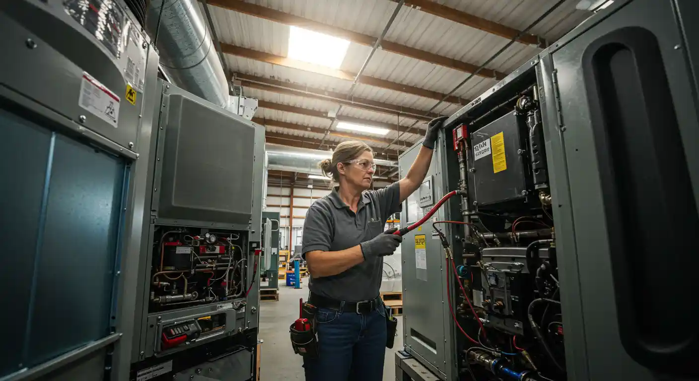 A focused shot of a female HVAC technician wearing a gray polo shirt, jeans, safety glasses, and work gloves, performing diagnostics on a large commercial HVAC unit in a brightly lit industrial warehouse. She is leaning into the open access panel of the gray unit, holding a red and black electrical testing tool connected to the internal components.