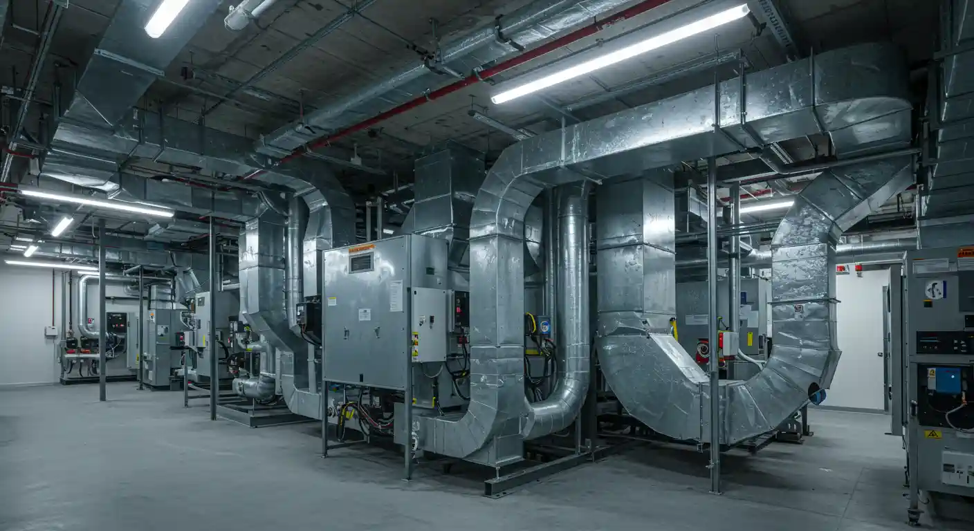 A wide-angle shot of a commercial HVAC system in a mechanical room. Rows of large, silver air handling units are connected by massive, complex galvanized steel ductwork extending across the ceiling in the brightly lit space.