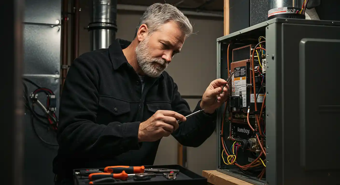 A middle-aged man with a gray beard, wearing a black shirt, uses a small screwdriver to service the internal components of a dark gray HVAC furnace unit. A tool tray sits in the foreground. The background is a dimly lit basement with ductwork visible.