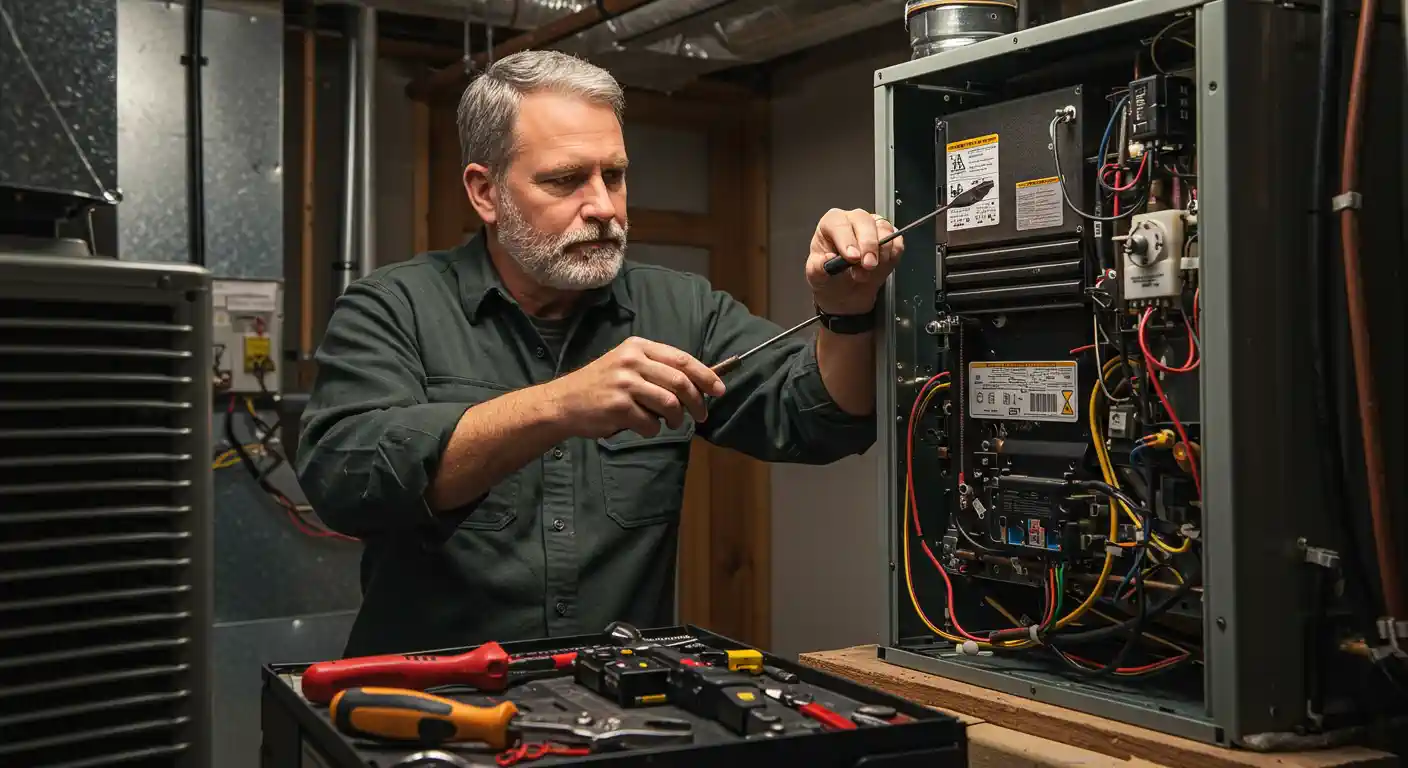 A seasoned HVAC technician with a gray beard and dark shirt is performing maintenance on a furnace unit in a basement. He is using two screwdrivers to adjust or test the internal electrical components and wiring of the open panel. A tool tray is visible in the foreground.